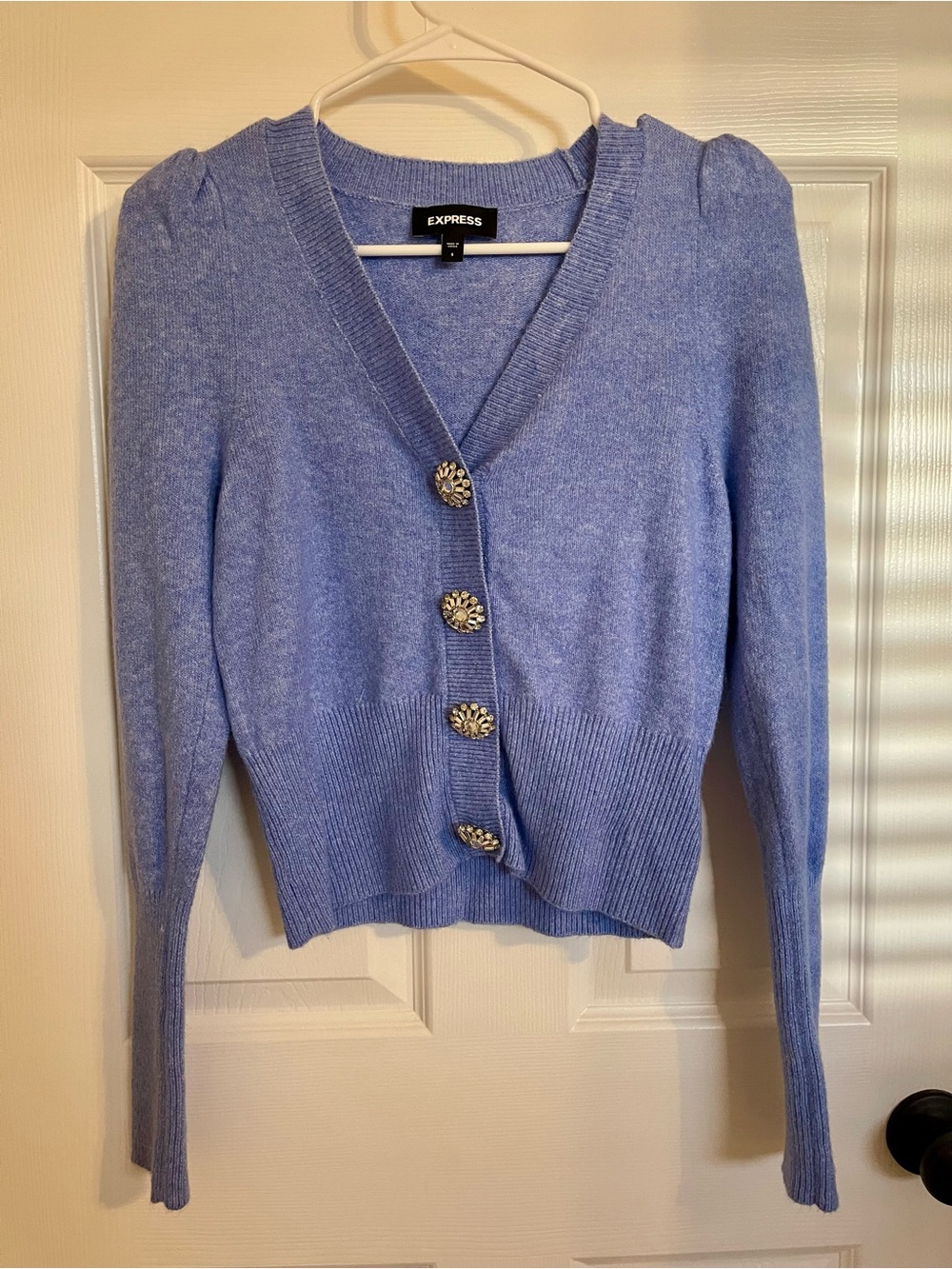 Express Lavender-Blue Cropped Button Cardigan